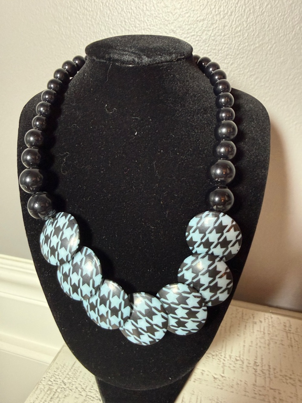 Statement Black and Light Blue Houndstooth Bead Necklace - Brand Unspecified